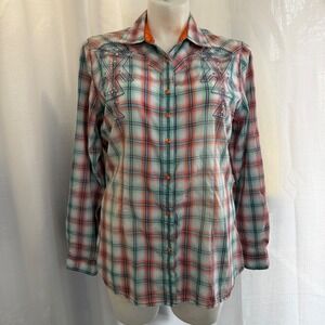 Wrangler Rock 47 Button Up Shirt Size XL Orange Green Plaid Embroidered Western